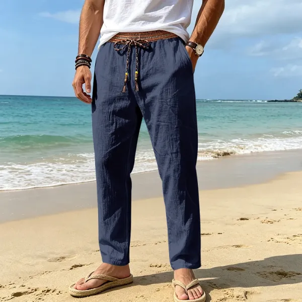 Design Bohemian Linen Drawstring Pants White - 26