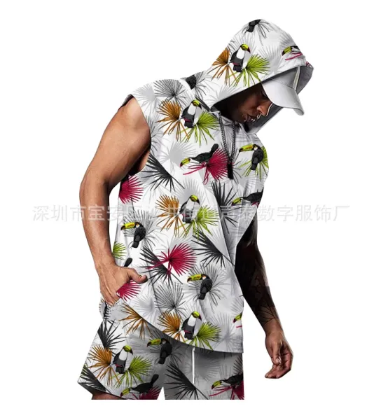 Design Tropical Toucan Print Sleeveless Hoodie Set White Multicolor - 1