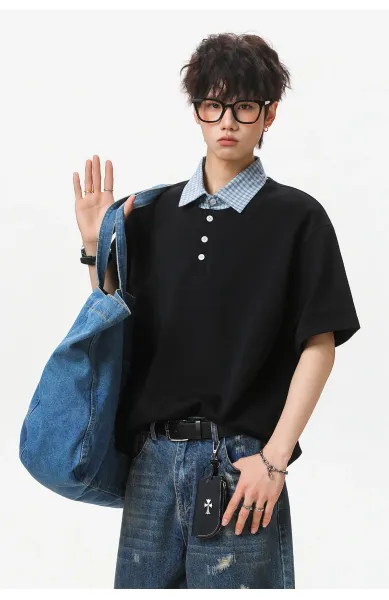 Design Layered Collar Polo Navy Blue Tops Polo - 23
