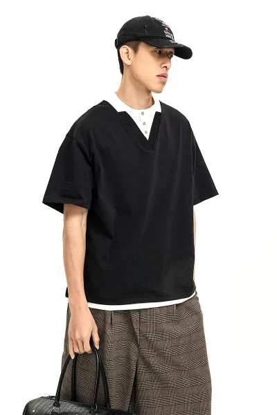 Design Layered Collar V-Neck T-Shirt Black - 6