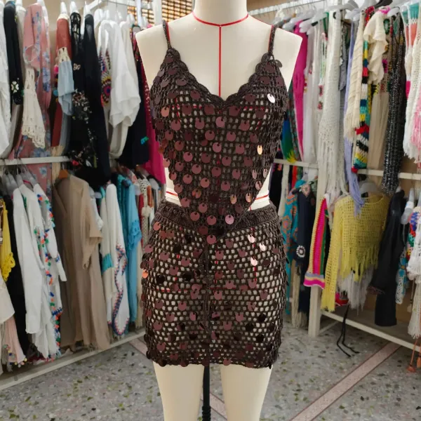 Design Crochet Mesh Top and Sequin Mini Skirt Set Black - 2