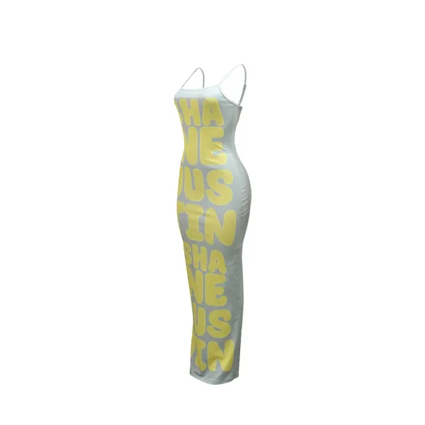 Design Graphic Print Beige Maxi Dress with 'SHANE JUSTIN' Typography - 46