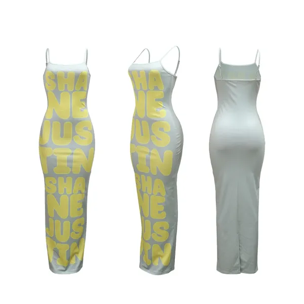 Design Graphic Print Beige Maxi Dress with 'SHANE JUSTIN' Typography - 48