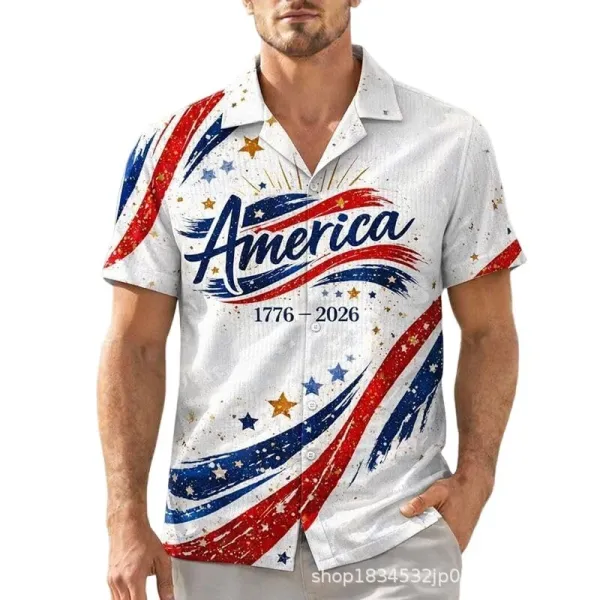 Design Patriotic Print Short-Sleeve Button-Up Shirt Navy Shirt - 5