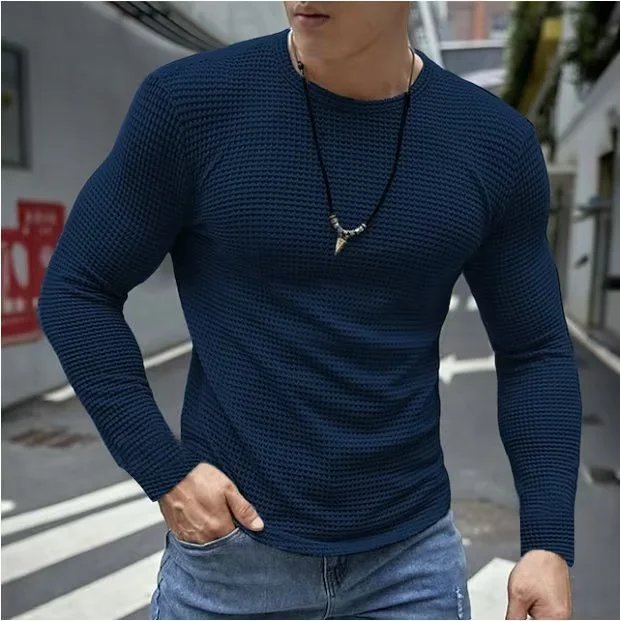Design Waffle Knit Long Sleeve Crew Neck White Base-Layer Top - 7