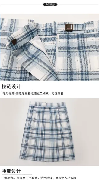 Design Qidian Dress White Short-Sleeve Shirt and Blue-White Plaid Pleated Skirt Set Sets - 7