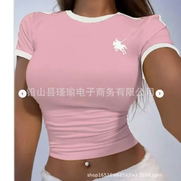 Design Cropped Ringer T-Shirt Navy with White Horse Logo - 7