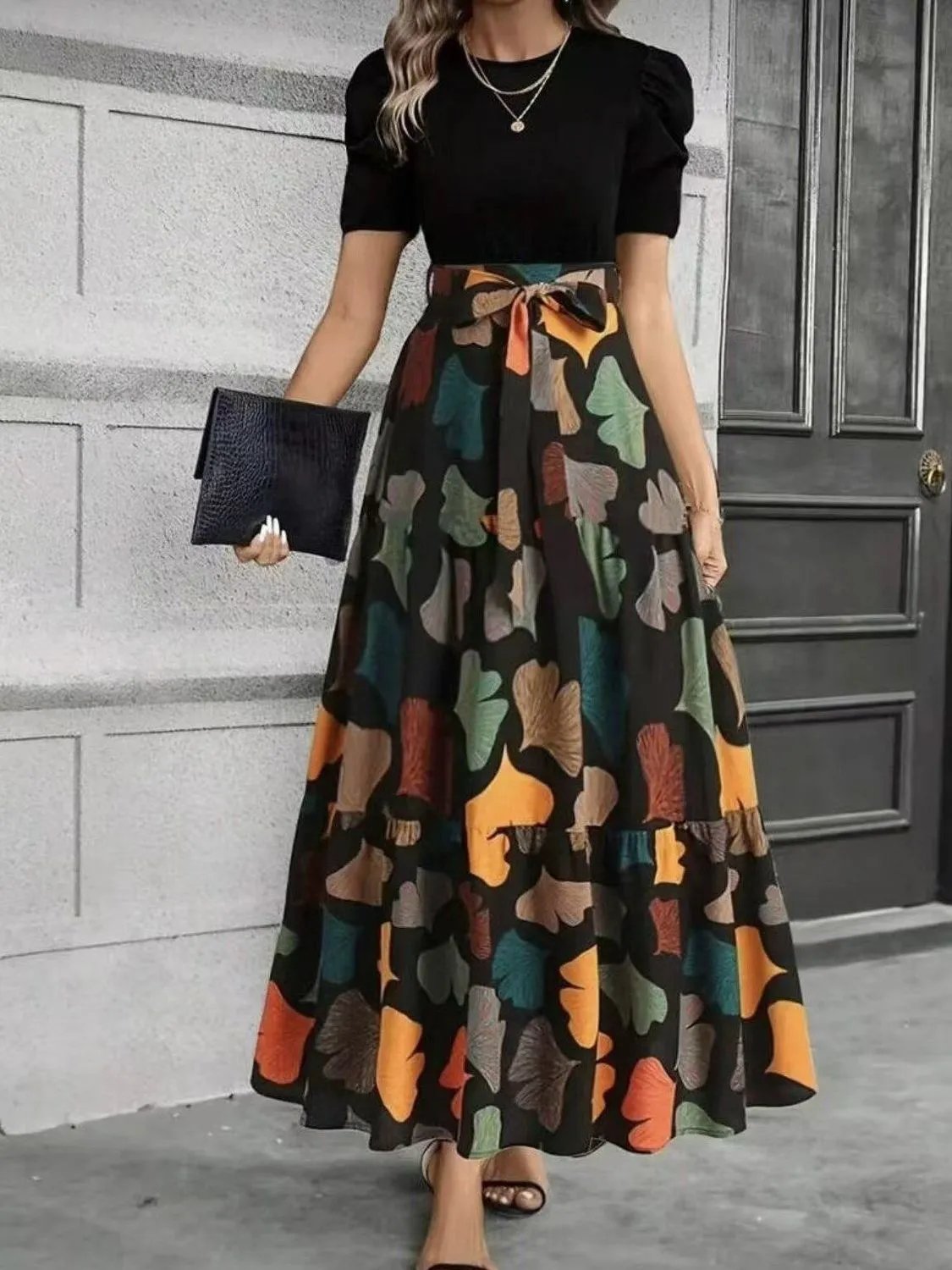 Design Floral Print Tiered Maxi Skirt with Bow Waist Black Top Set Dress - 2