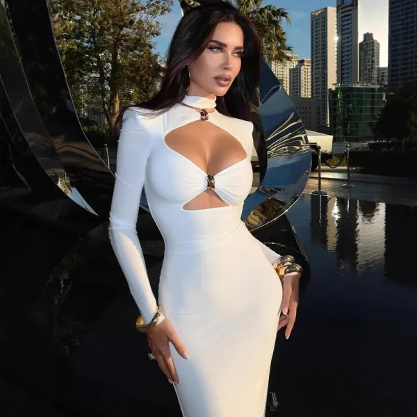 Design Cutout Neck Long Sleeve White Bodycon Dress - 8