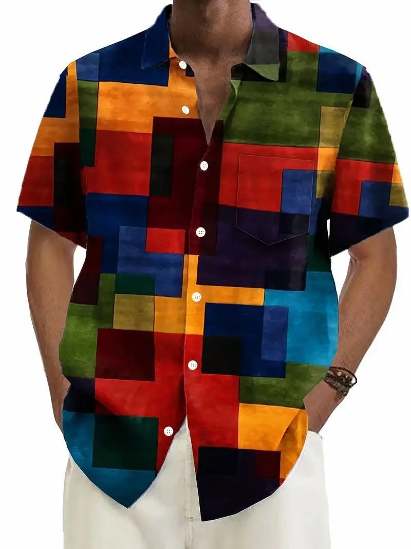 Design Patchwork Linen-Blend Shirt Green Beige Multicolor - 22