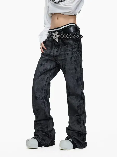 Design Acid Wash Black Wide-Leg Jeans with Studded Pentagram Belt - 3