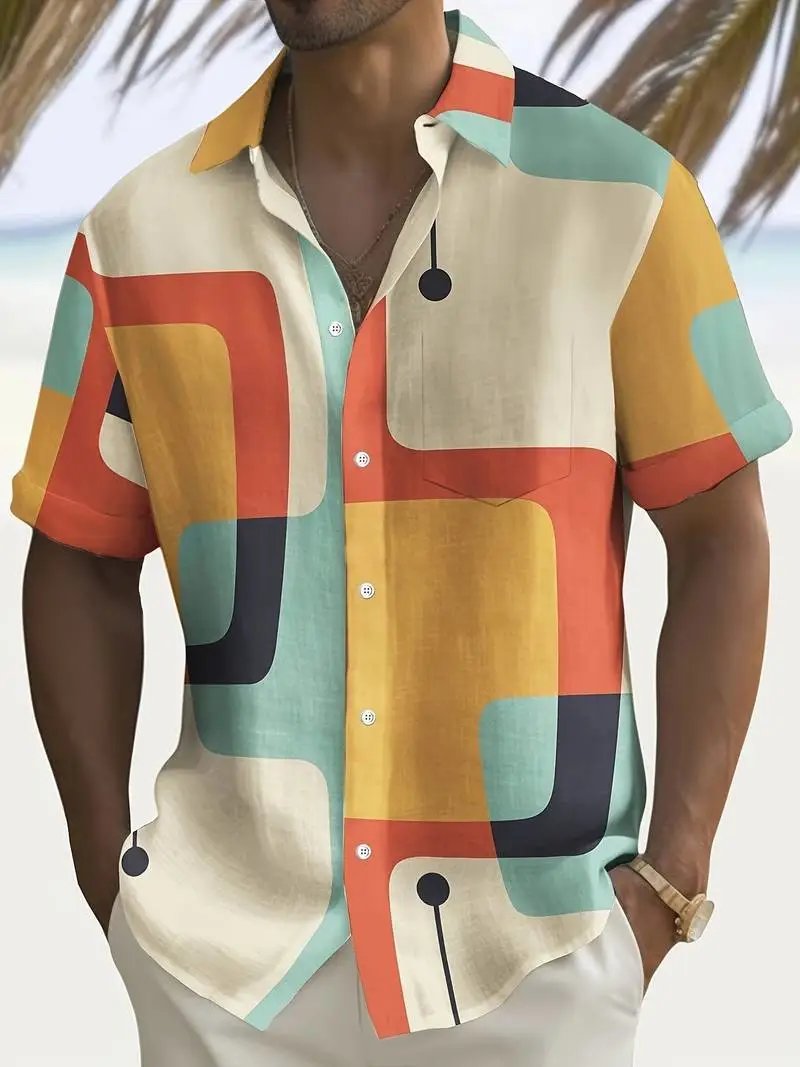Design Patchwork Linen-Blend Shirt Green Beige Multicolor - 26