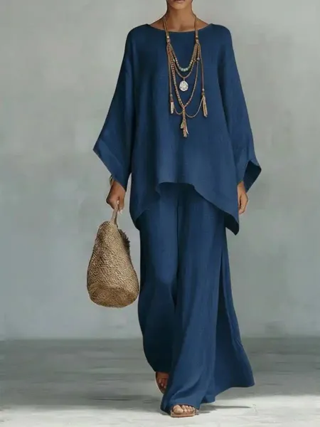 Design Loose Fit Linen Set Navy Blue Two-Piece Outfit - 11