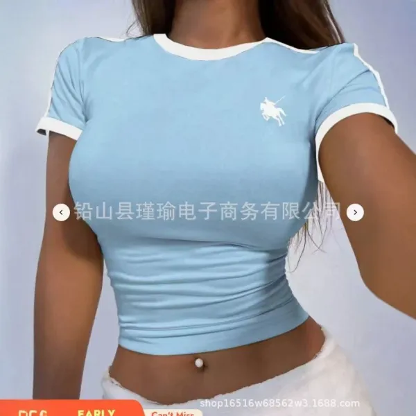 Design Cropped Ringer T-Shirt Navy with White Horse Logo - 8