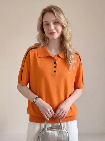 Design Knit Polo Shirt Orange with Black Stripe Detail Polo Tops.polo - 1