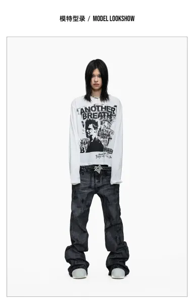 Design Acid Wash Black Wide-Leg Jeans with Studded Pentagram Belt - 7