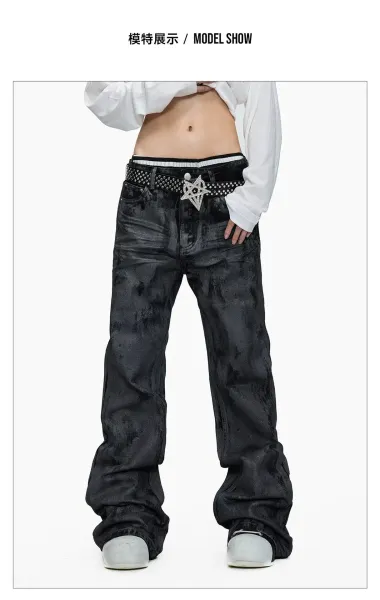 Design Acid Wash Black Wide-Leg Jeans with Studded Pentagram Belt - 13