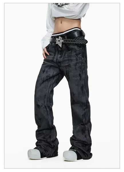 Design Acid Wash Black Wide-Leg Jeans with Studded Pentagram Belt - 14