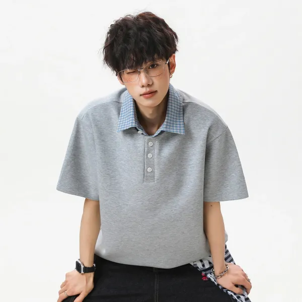 Design Contrast Collar Polo Gray Polo Shirt - 1