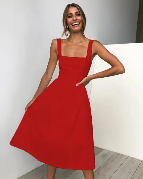 Design Red Square-Neck Midi Dress - 1