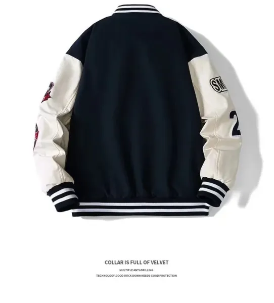 Design Varsity Jacket Navy and Cream Embroidered Letter A Basketball Patch Jacket Outerwear Jacket - 14