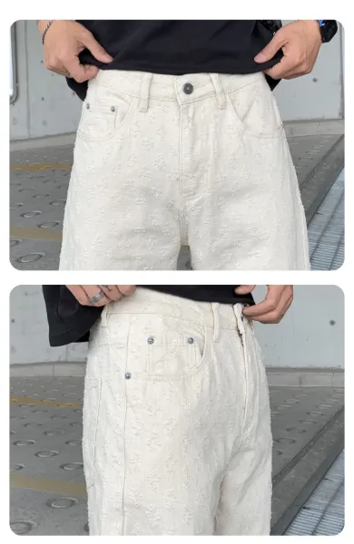 Design Jacquard Pattern Beige Pants with Textured Floral Motif - 18