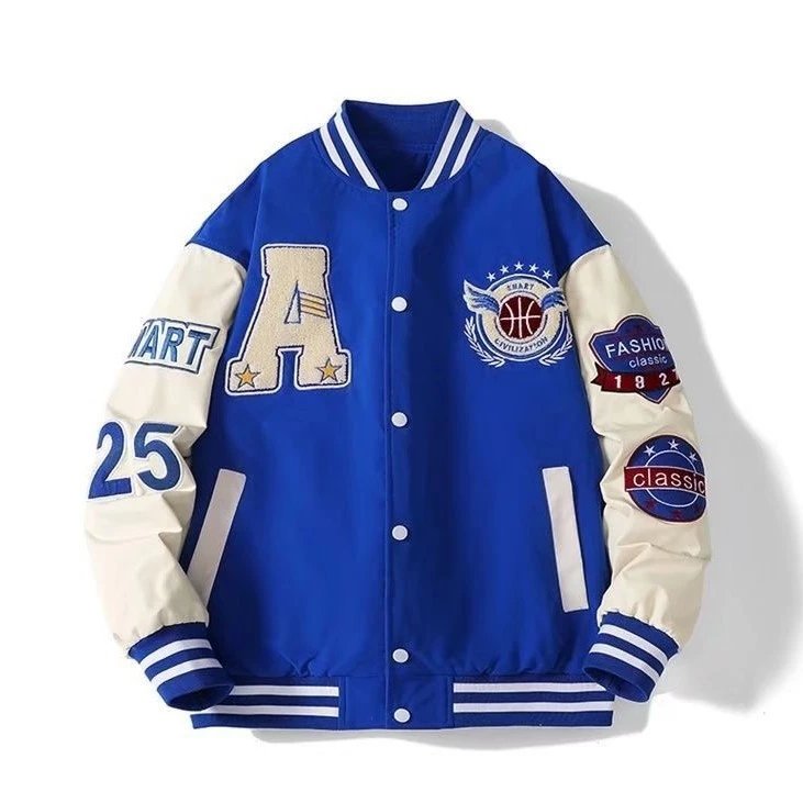 Design Varsity Jacket Navy and Cream Embroidered Letter A Basketball Patch Jacket Outerwear Jacket - 33