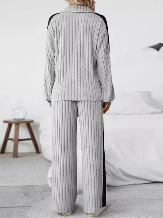 Design Ribbed Knit Track Set Gray with Black Stripe Pants and Top - 10