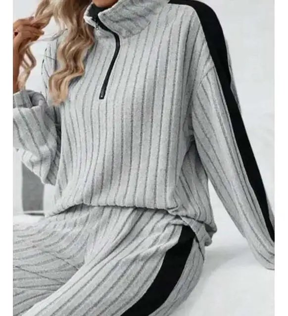 Design Ribbed Knit Track Set Gray with Black Stripe Pants and Top - 12