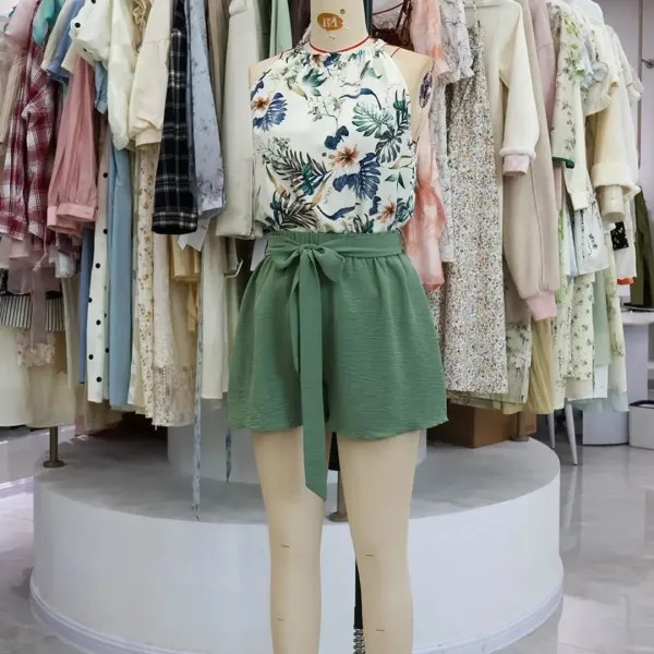 Design Floral Halter Top and Tie-Waist Shorts Set Green Sets - 6