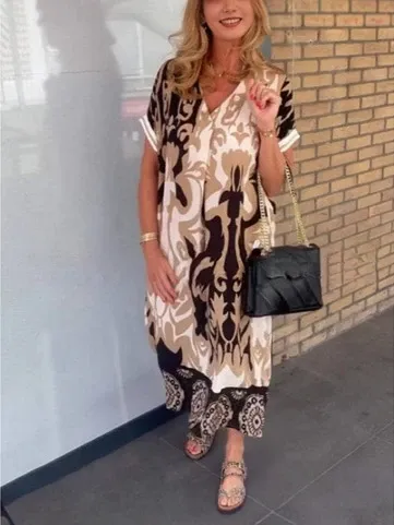 Design Printed V-Neck Kaftan Dress with Lace Trim in Beige and Black - 1