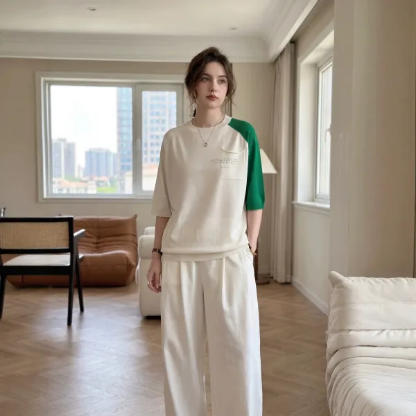 Design Color-Block Knit T-Shirt and Wide-Leg Pants Set Beige / Green - 1