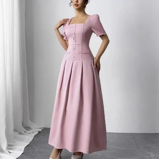 Design Square Neck Pleated Midi Dress Pink Dress Formal Dress - 1