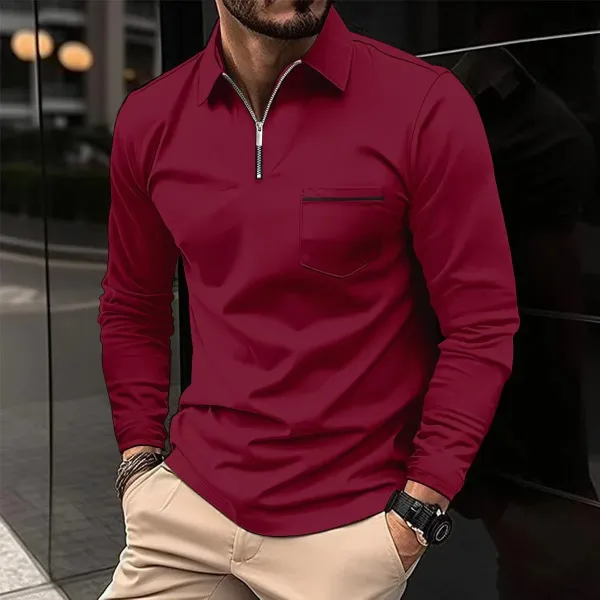 Design Half-Zip Collared Long Sleeve Shirt Burgundy Tops Shirt - 1