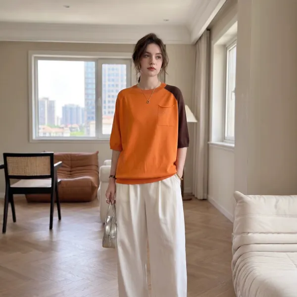 Design Color-Block Knit T-Shirt Orange and Brown Top - 1