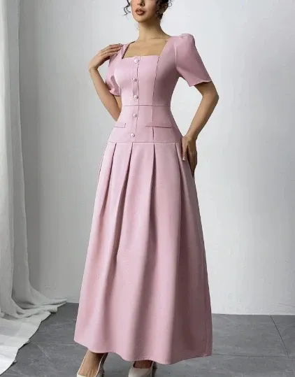 Design Square Neck Pleated Midi Dress Pink Dress Formal Dress - 6