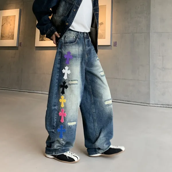Chrome Hearts x Custom Wide-Leg Distressed Jeans with Multicolor Cross Appliqués - 1