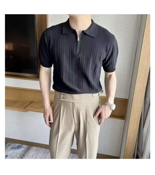 Design Ribbed Zip-Neck Polo Shirt Black Tops Polo - 5