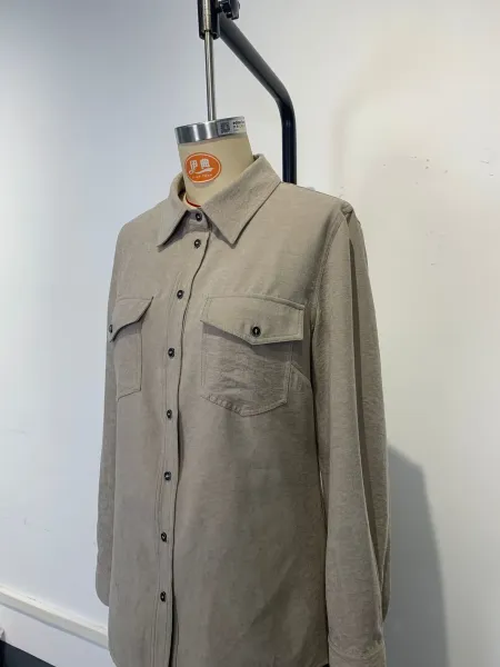 Design Distressed Button-Up Shirt in Stone Washed Beige with Black Leather Pants - 12