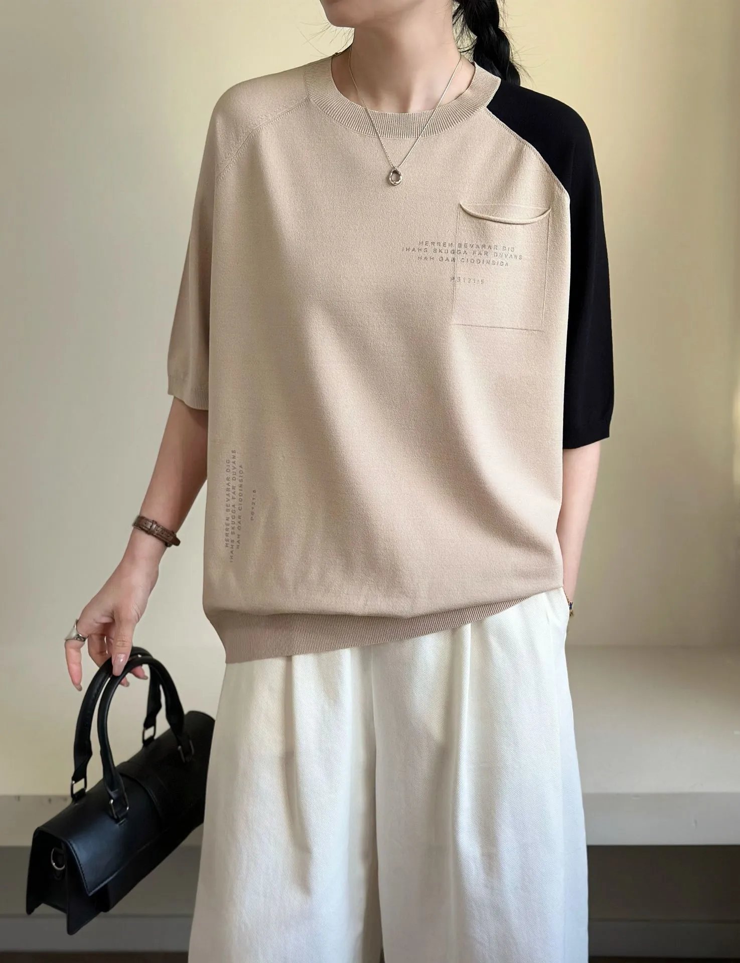 Design Color-Block Pocket Knit Top Gray and Blue Pants Set Casual Set - 13
