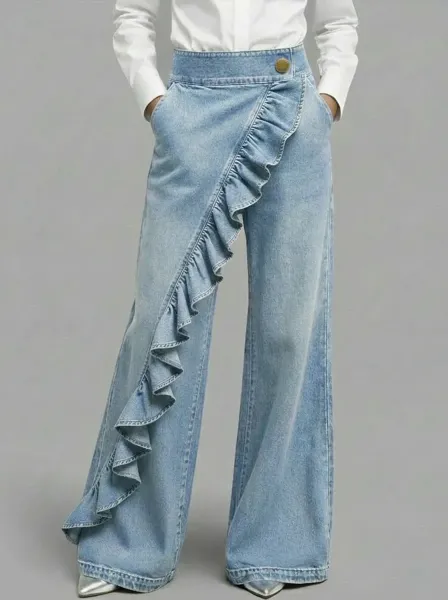 Design Ruffled Flare Jeans Blue - 5
