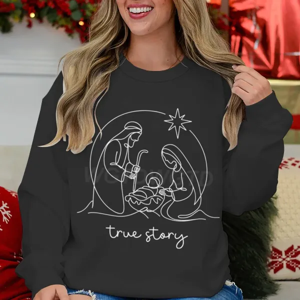 Design Nativity Scene True Story Black Crewneck Sweatshirt Hoodie - 1