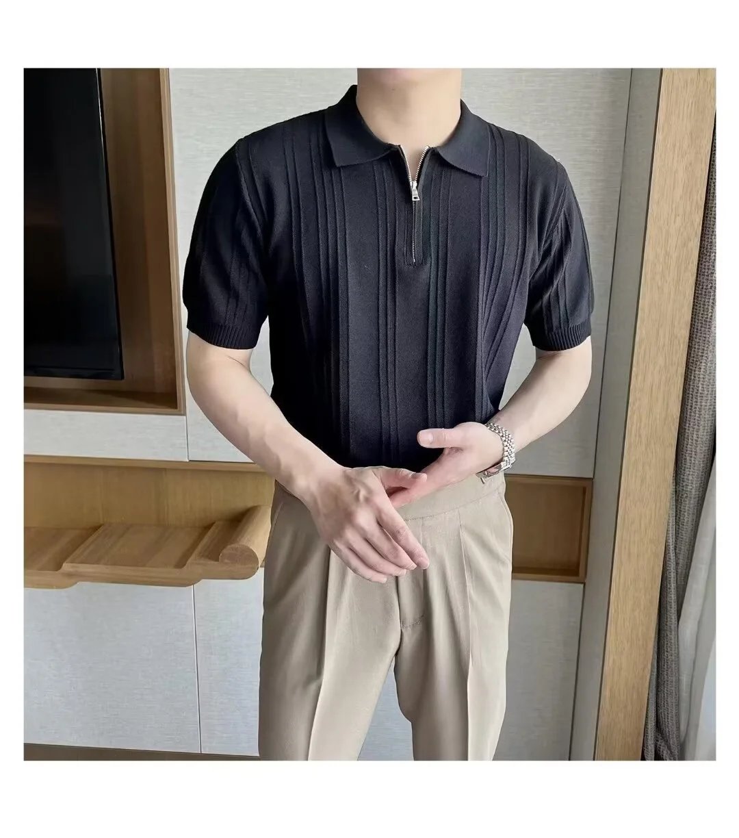 Design Ribbed Zip-Neck Polo Shirt Black Tops Polo - 10