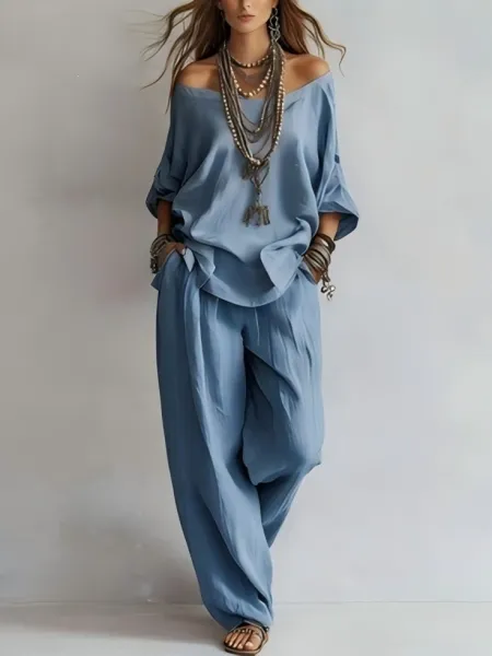 Design Off-Shoulder Flowy Top and Wide-Leg Pants Set Pale Yellow - 8