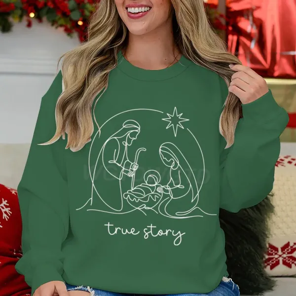 Design Nativity Scene True Story Green Sweatshirt Sweater - 1