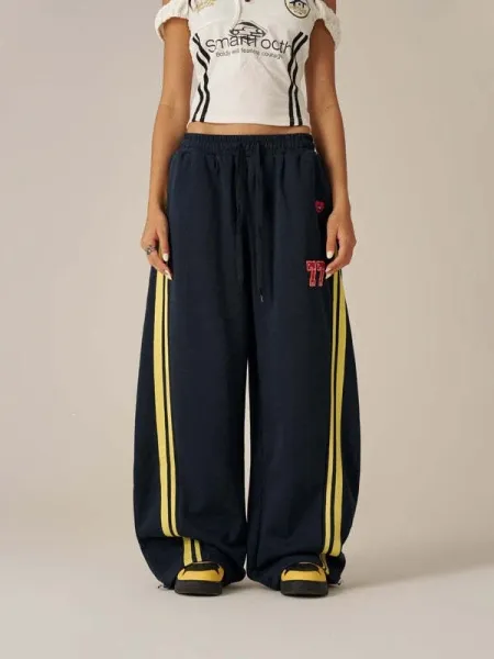 Design Wide-Leg Track Pants with Yellow Stripes and '77' Embroidery Navy Sweatpants - 10