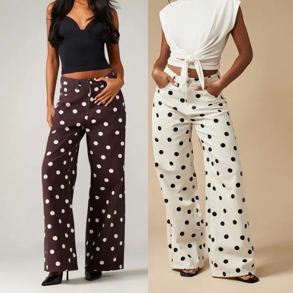 Design Polka Dot Wide-Leg Trousers Brown with White Dots Pants - 5