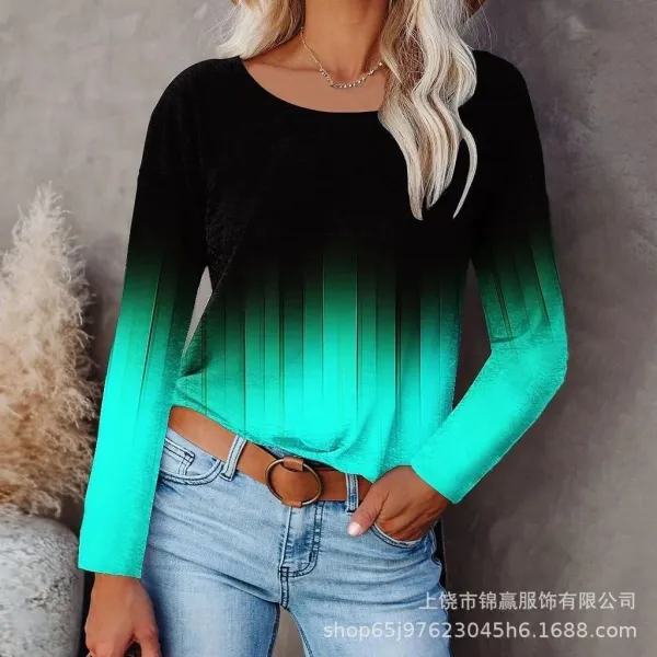 Design Ombre Gradient Long Sleeve Top Black to Teal Tops.t Shirts - 1
