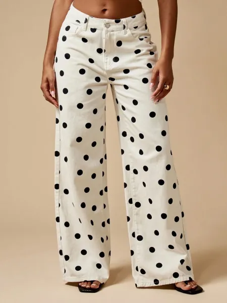 Design Polka Dot Wide-Leg Trousers Brown with White Dots Pants - 8