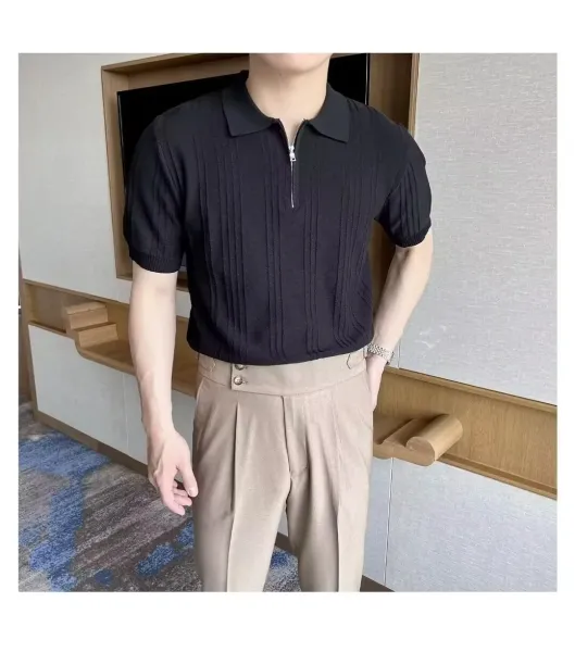 Design Ribbed Zip-Neck Polo Shirt Black Tops Polo - 7